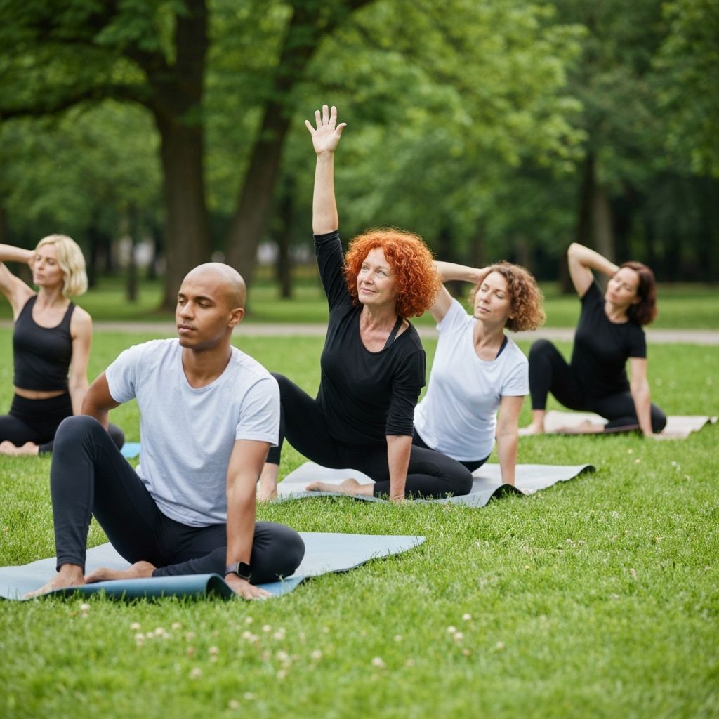 Grupo haciendo yoga al aire libre